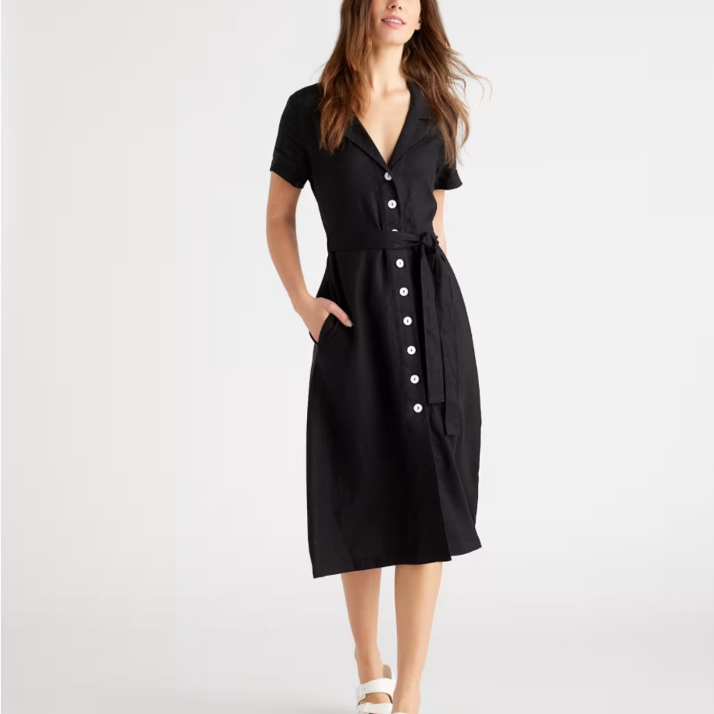 Quince Black - 100% European Linen Button Front Dress